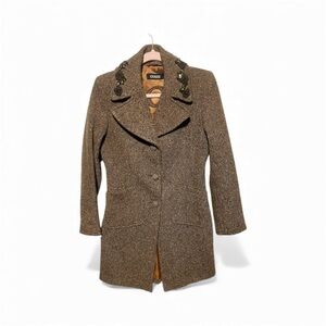 VINTAGE GUESS WOOL BLEND TWEED COAT WITH FLORAL JEWLED/SEQUIN COLLAR M BROWN